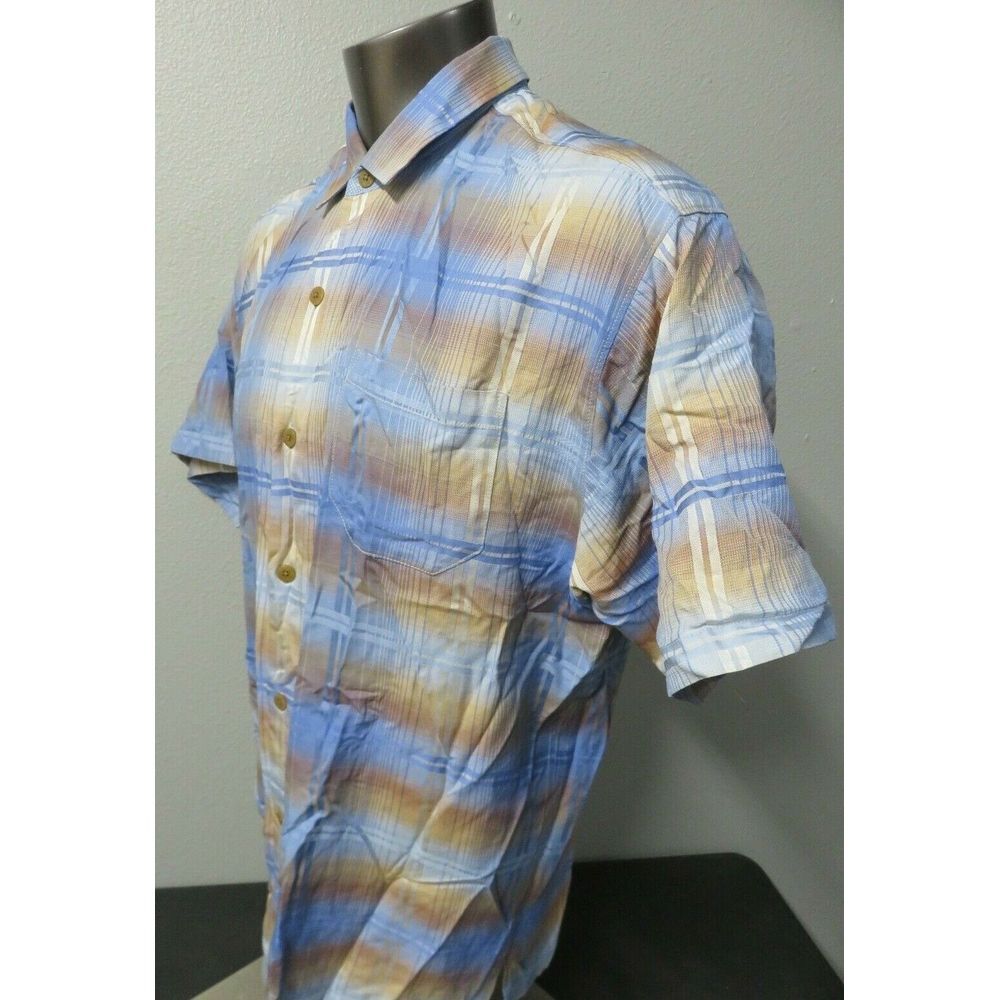 Mens‎ Tommy Bahama Short Sleeve Button Front Silk Shirt Size XL Blue Brown Plaid - Picture 3 of 8